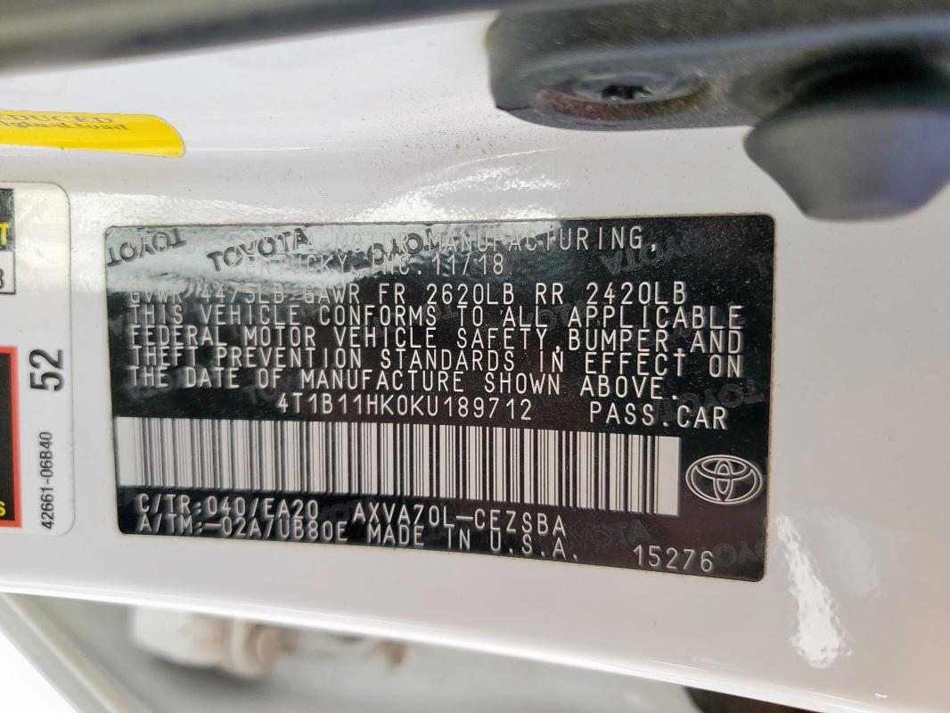 4T1B11HK0KU189712 - 2019 TOYOTA CAMRY L WHITE photo 12