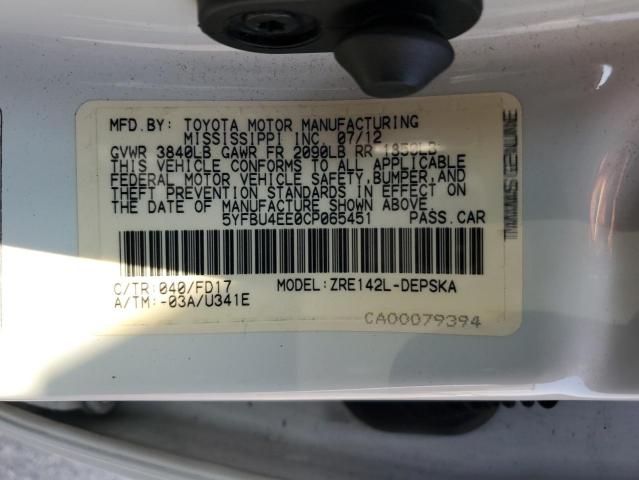 5YFBU4EE0CP065451 - 2012 TOYOTA COROLLA BASE Սպիտակ լուսանկար 12