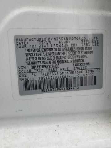 3N1AB7AP6KY334130 - 2019 NISSAN SENTRA S WHITE photo 13