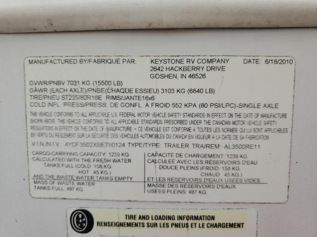 4YDF3502XBE780124 - 2011 ALPI 5TH WHEEL თეთრი ფოტო 10