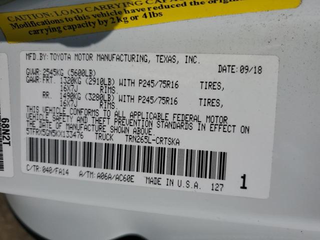 5TFRX5GN5KX133476 - 2019 TOYOTA TACOMA ACCESS CAB თეთრი ფოტო 12