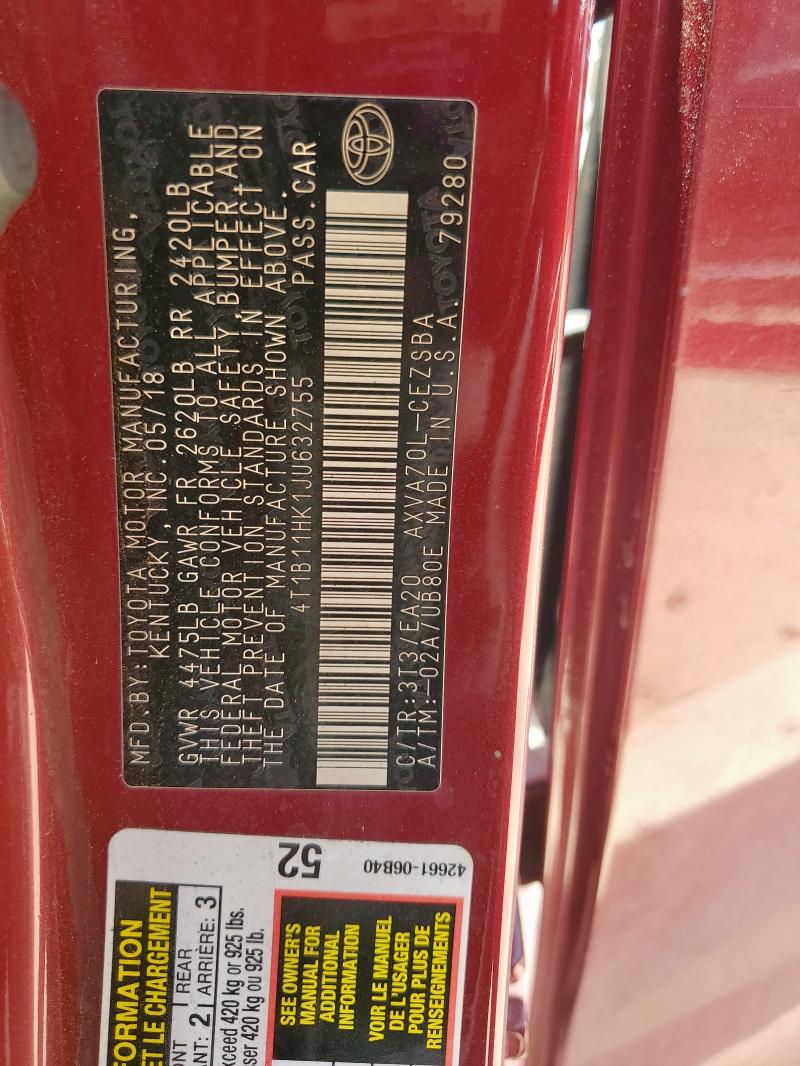 4T1B11HK1JU632755 - 2018 TOYOTA CAMRY L RED photo 12