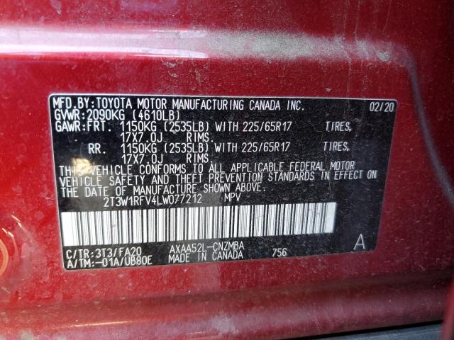 2T3W1RFV4LW077212 - 2020 TOYOTA RAV4 XLE RED photo 13