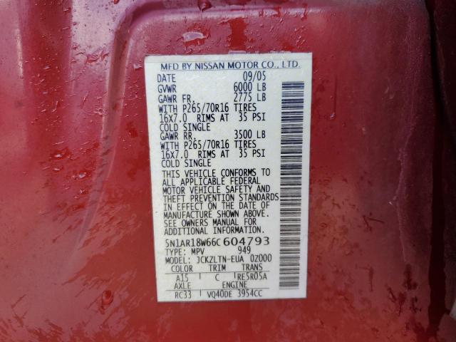 5N1AR18W66C604793 - 2006 NISSAN PATHFINDER LE 红色 照片 13