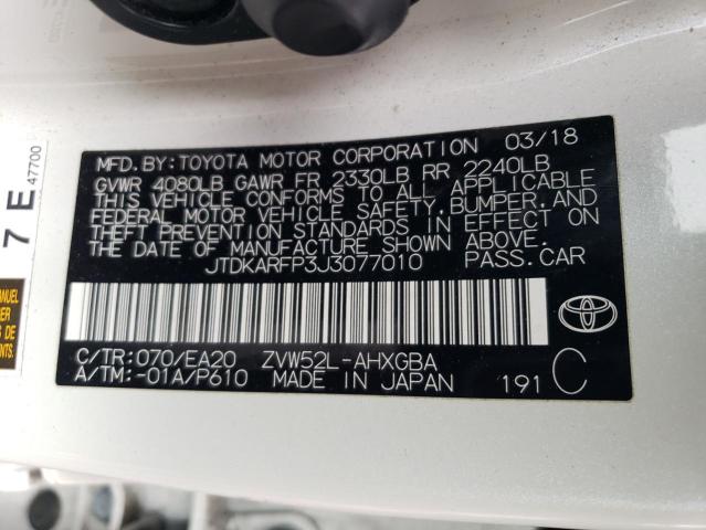 JTDKARFP3J3077010 - 2018 TOYOTA PRIUS PRIM თეთრი ფოტო 12