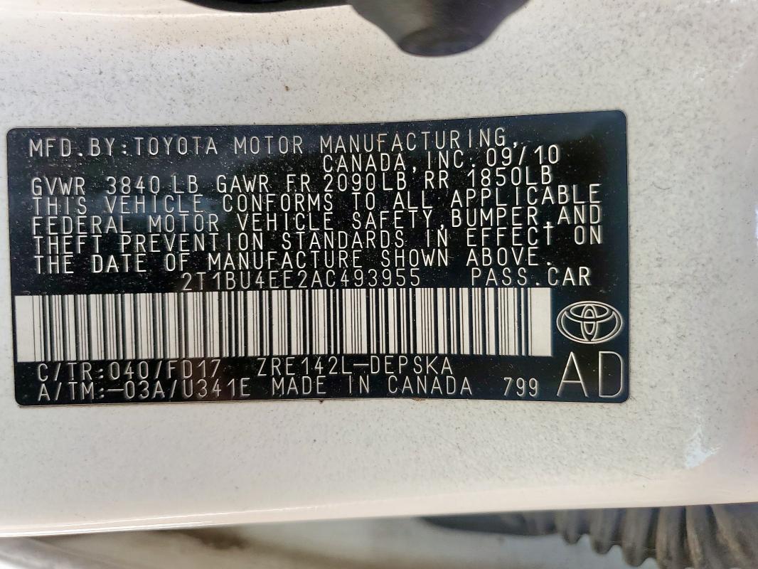 2T1BU4EE2AC493955 - 2010 TOYOTA COROLLA BASE WHITE photo 12