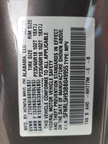 5FNRL5H93BB049955 - 2011 HONDA ODYSSEY TOURING GRAY photo 13