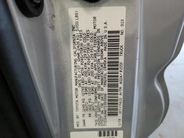 5TEUX42N87Z383998 - 2007 TOYOTA TACOMA ACCESS CAB ვერცხლისფერი ფოტო 12