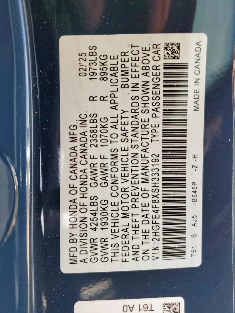 2HGFE4F8XSH333192 - 2025 HONDA CIVIC SPORT 蓝色 照片 13