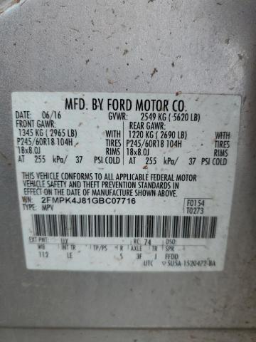 2FMPK4J81GBC07716 - 2016 FORD EDGE SEL SILVER photo 12