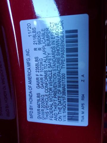 1HGCV1F38MA017300 - 2021 HONDA ACCORD SPORT 红色 照片 12