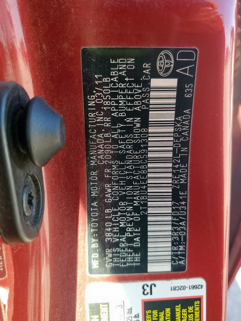 2T1BU4EE8BC591308 - 2011 TOYOTA COROLLA BASE Rouge photo 12