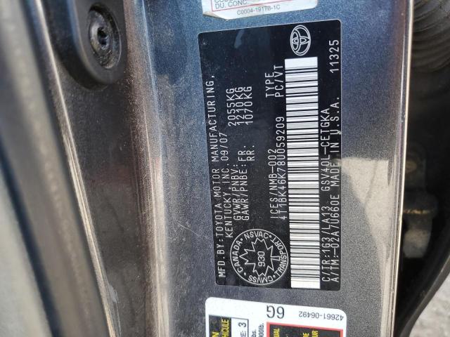 4T1BK46K78U059209 - 2008 TOYOTA CAMRY LE GRAY photo 12