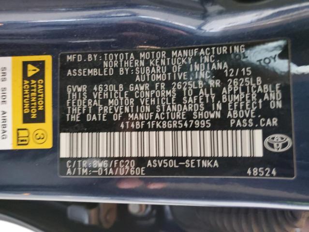 4T4BF1FK8GR547995 - 2016 TOYOTA CAMRY LE BLUE photo 12