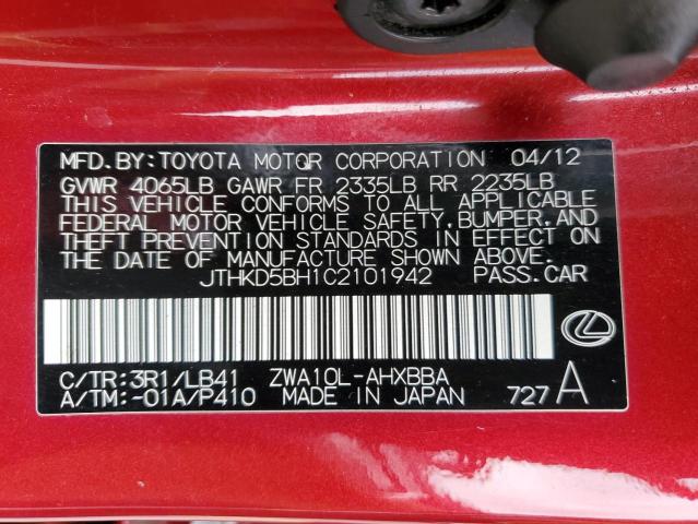 JTHKD5BH1C2101942 - 2012 LEXUS CT 200 RED photo 12