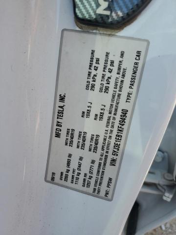 5YJ3E1EB1KF494940 - 2019 TESLA MODEL 3 Beyaz fotoğraf 12