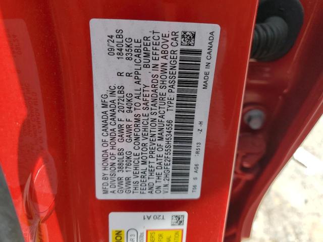 2HGFE2F55SH534556 - 2025 HONDA CIVIC SPORT 红色 照片 12