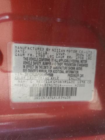 3N1CN7AP6KL834608 - 2019 NISSAN VERSA S RED photo 12