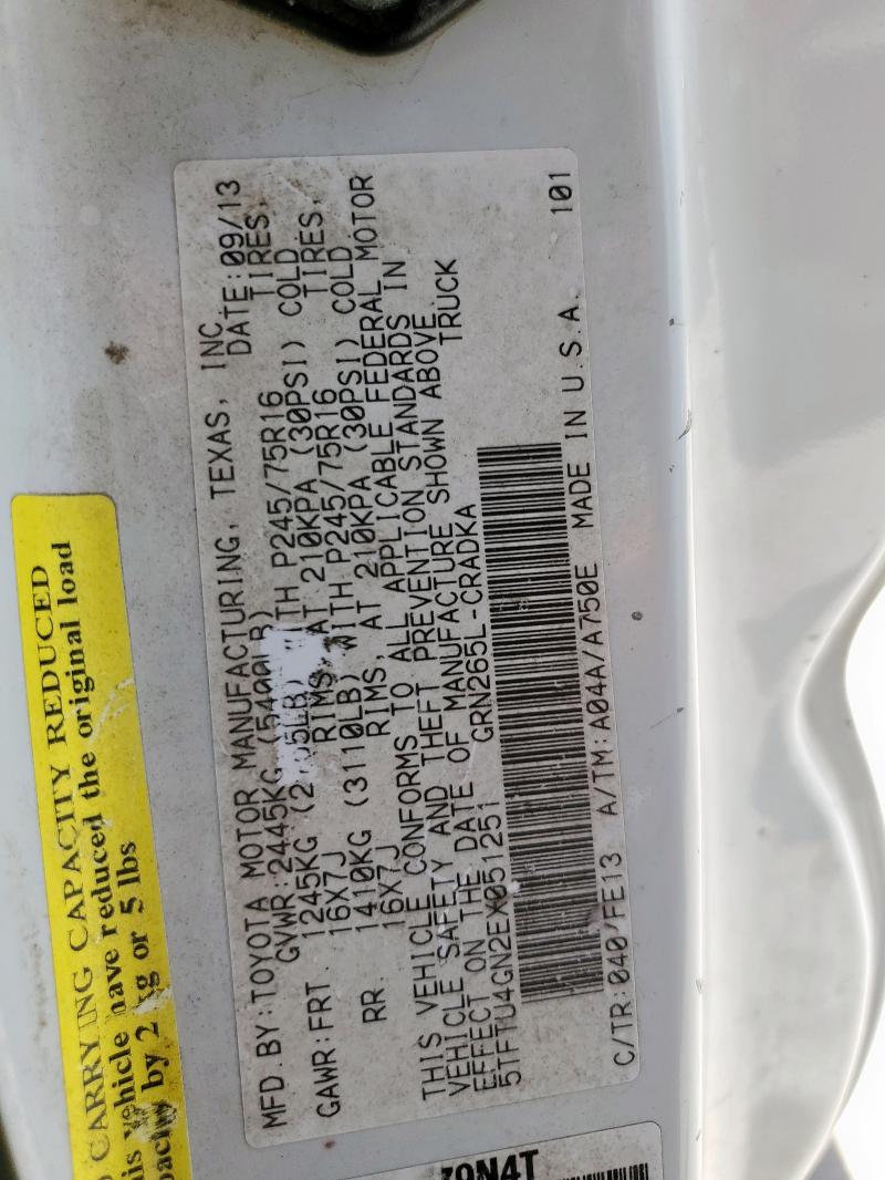 5TFTU4GN2EX051251 - 2014 TOYOTA TACOMA PRERUNNER ACCESS CAB WHITE photo 12