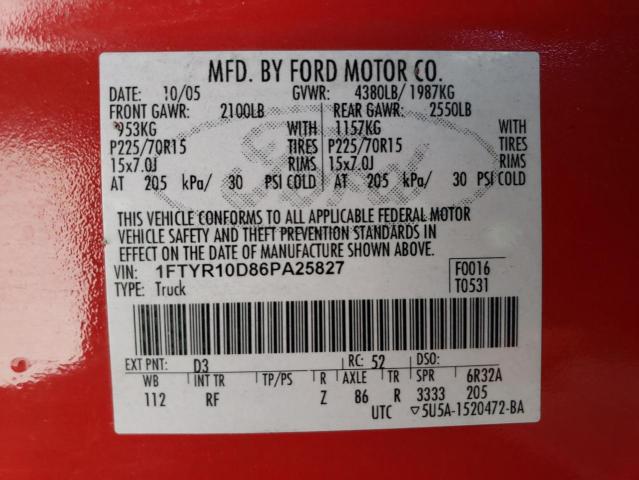 1FTYR10D86PA25827 - 2006 FORD RANGER RED photo 13