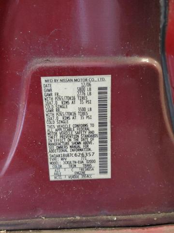 5N1AR18U87C626357 - 2007 NISSAN PATHFINDER LE 勃艮第红 照片 12