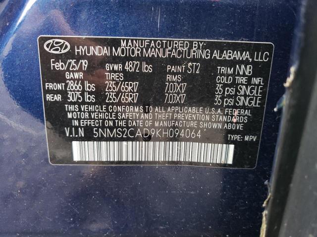 5NMS2CAD9KH094064 - 2019 HYUNDAI SANTA FE SE BLUE photo 13