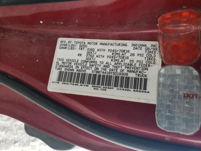 5TBBT4418YS019309 - 2000 TOYOTA TUNDRA ACCESS CAB MAROON photo 12