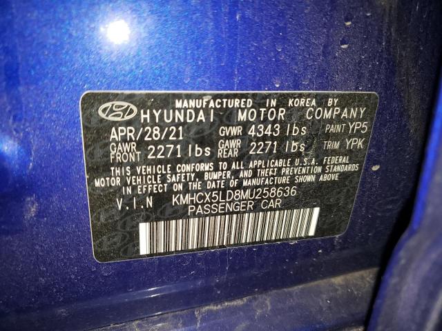 KMHCX5LD8MU258636 - 2021 HYUNDAI IONIQ LIMITED BLUE photo 12