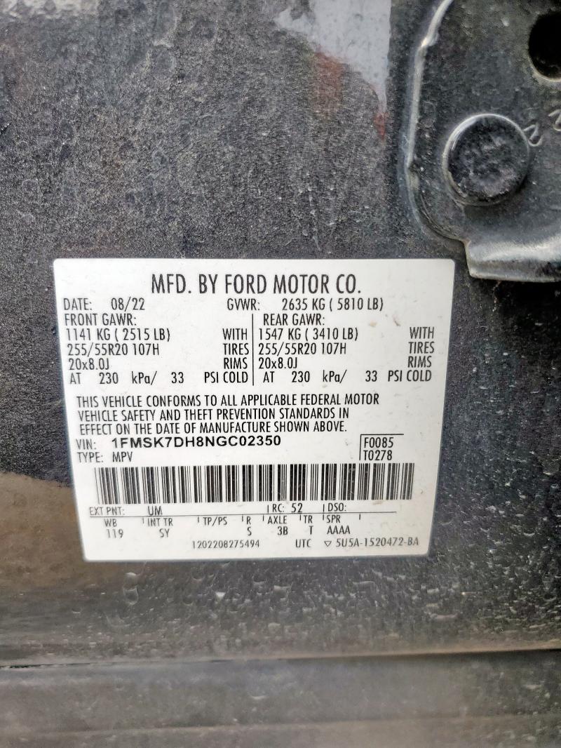 1FMSK7DH8NGC02350 - 2022 FORD EXPLORER XLT Siyah fotoğraf 14