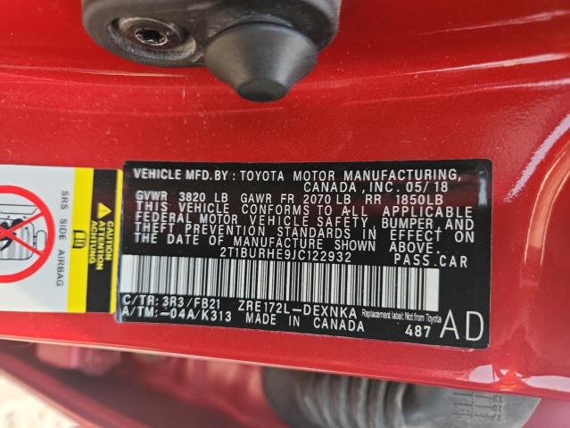 2T1BURHE9JC122932 - 2018 TOYOTA COROLLA L 红色 照片 12