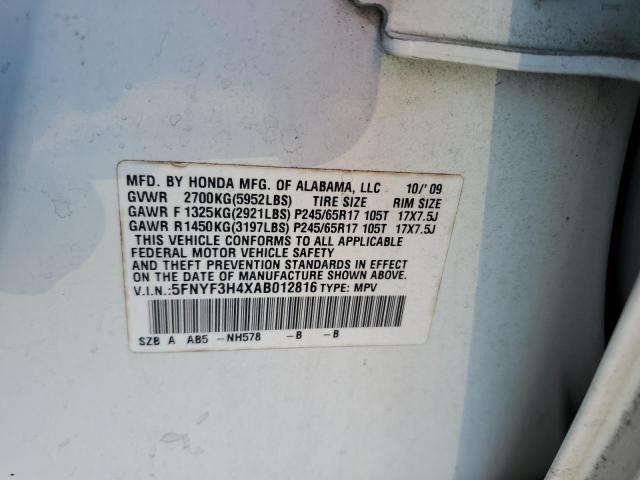 5FNYF3H4XAB012816 - 2010 HONDA PILOT EX WHITE photo 12