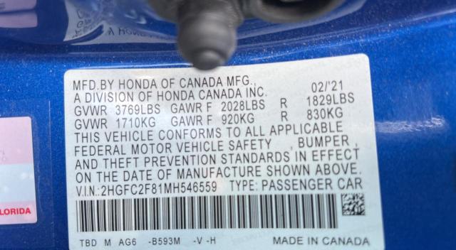 2HGFC2F81MH546559 - 2021 HONDA CIVIC SPORT 蓝色 照片 10