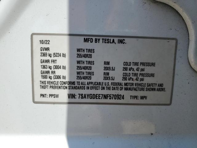 7SAYGDEE7NF570924 - 2022 TESLA MODEL Y თეთრი ფოტო 12