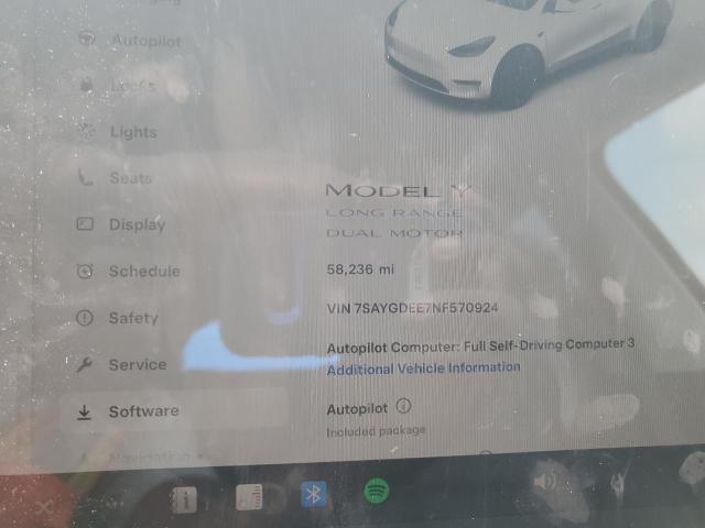 7SAYGDEE7NF570924 - 2022 TESLA MODEL Y თეთრი ფოტო 9