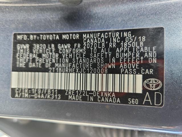 2T1BURHEXJC120008 - 2018 TOYOTA COROLLA L GRAY photo 12