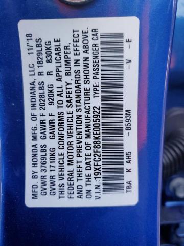 19XFC2F88KE005922 - 2019 HONDA CIVIC SPORT 蓝色 照片 12