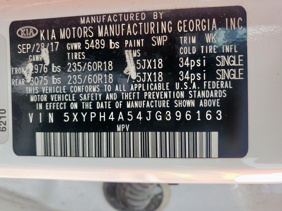 5XYPH4A54JG396163 - 2018 KIA SORENTO EX WHITE photo 13