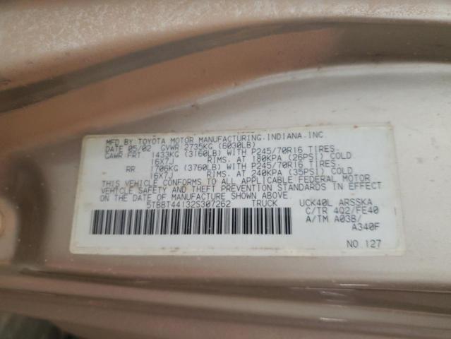 5TBBT44132S307262 - 2002 TOYOTA TUNDRA ACCESS CAB თაფლისფერი ფოტო 12