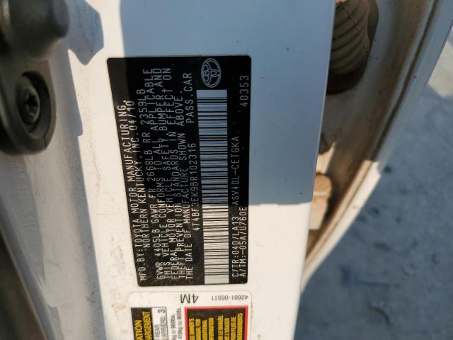 4T4BF3EK9BR102316 - 2011 TOYOTA CAMRY BASE WHITE photo 12