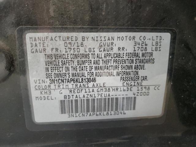 3N1CN7AP6KL813046 - 2019 NISSAN VERSA S أسود صورة 12