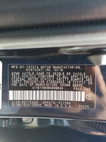 4T1B11HK9KU698648 - 2019 TOYOTA CAMRY L BLUE photo 12