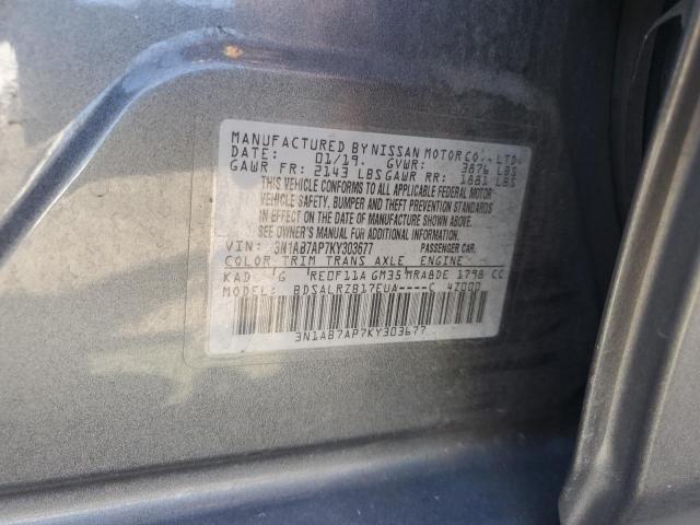 3N1AB7AP7KY303677 - 2019 NISSAN SENTRA S Сұр фото 12