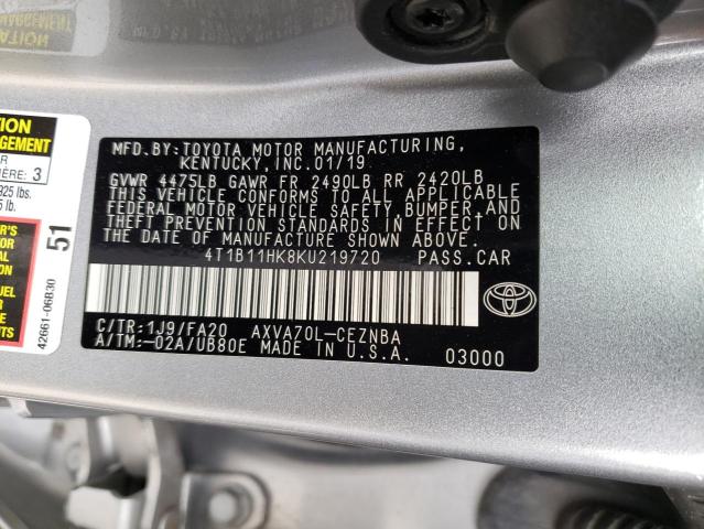 4T1B11HK8KU219720 - 2019 TOYOTA CAMRY L SILVER photo 12