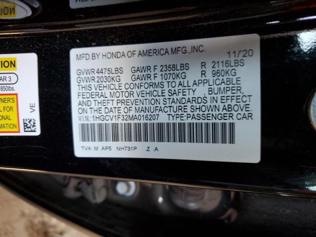 1HGCV1F32MA016207 - 2021 HONDA ACCORD SPORT BLACK photo 12