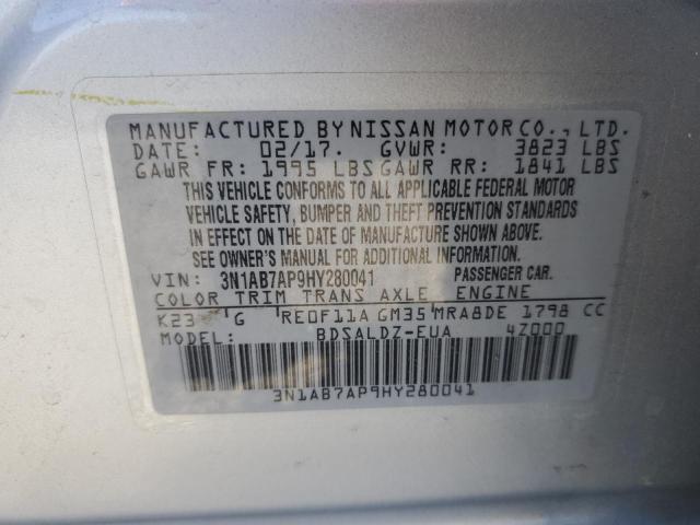 3N1AB7AP9HY280041 - 2017 NISSAN SENTRA S SILVER photo 12