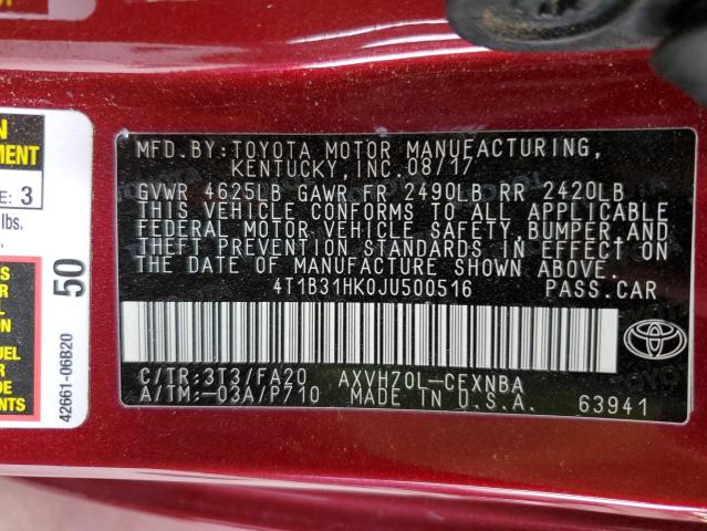 4T1B31HK0JU500516 - 2018 TOYOTA CAMRY LE მუქწითელი ფოტო 12