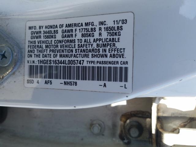 1HGES16344L005747 - 2004 HONDA CIVIC DX VP WHITE photo 10