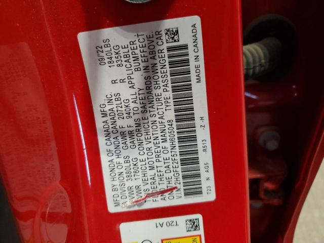 2HGFE2F57NH605048 - 2022 HONDA CIVIC SPORT RED photo 13