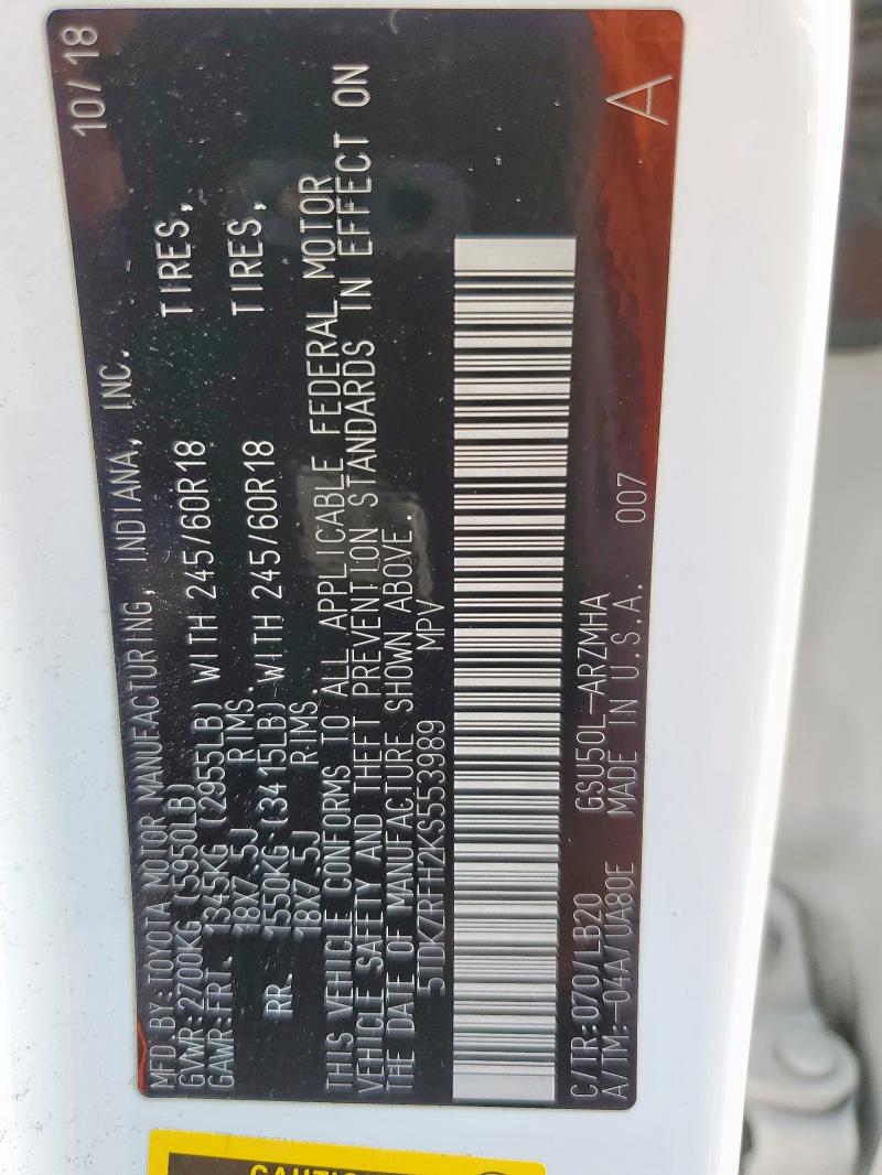 5TDKZRFH2KS553989 - 2019 TOYOTA HIGHLANDER SE WHITE photo 13