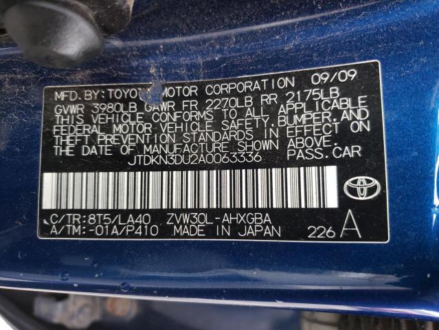 JTDKN3DU2A0063336 - 2010 TOYOTA PRIUS BLUE photo 12